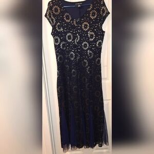 Candalite Navy Blue Silver Floral Long Gown Dress